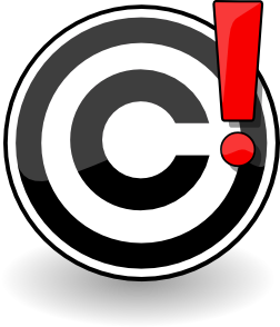 Copyright symbol with red exclamation mark indicating a warning or infringement alert.