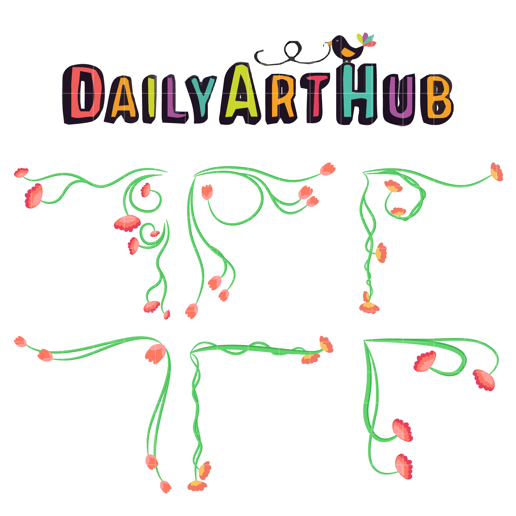 Colorful "DailyArtHub" logo with playful lettering, a bird perched on the 'H', and whimsical floral vine borders.