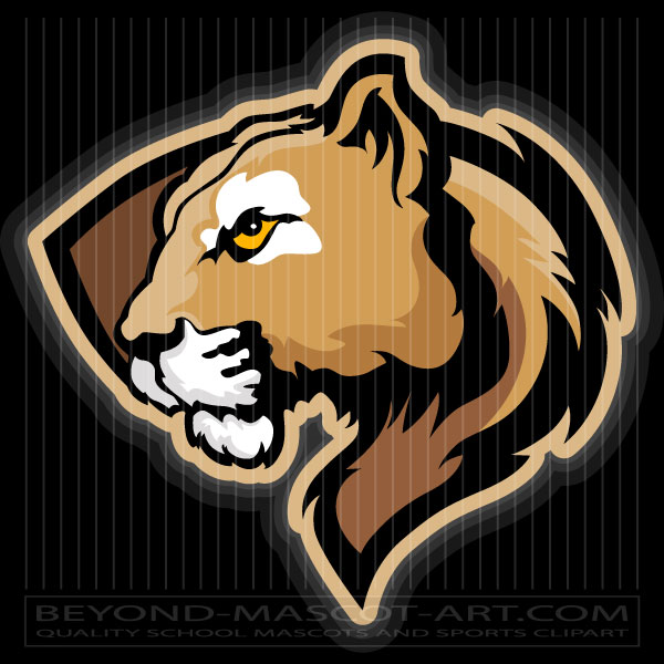 Fierce lion mascot head in profile with golden-brown fur, sharp yellow eye, and white muzzle against black striped background.