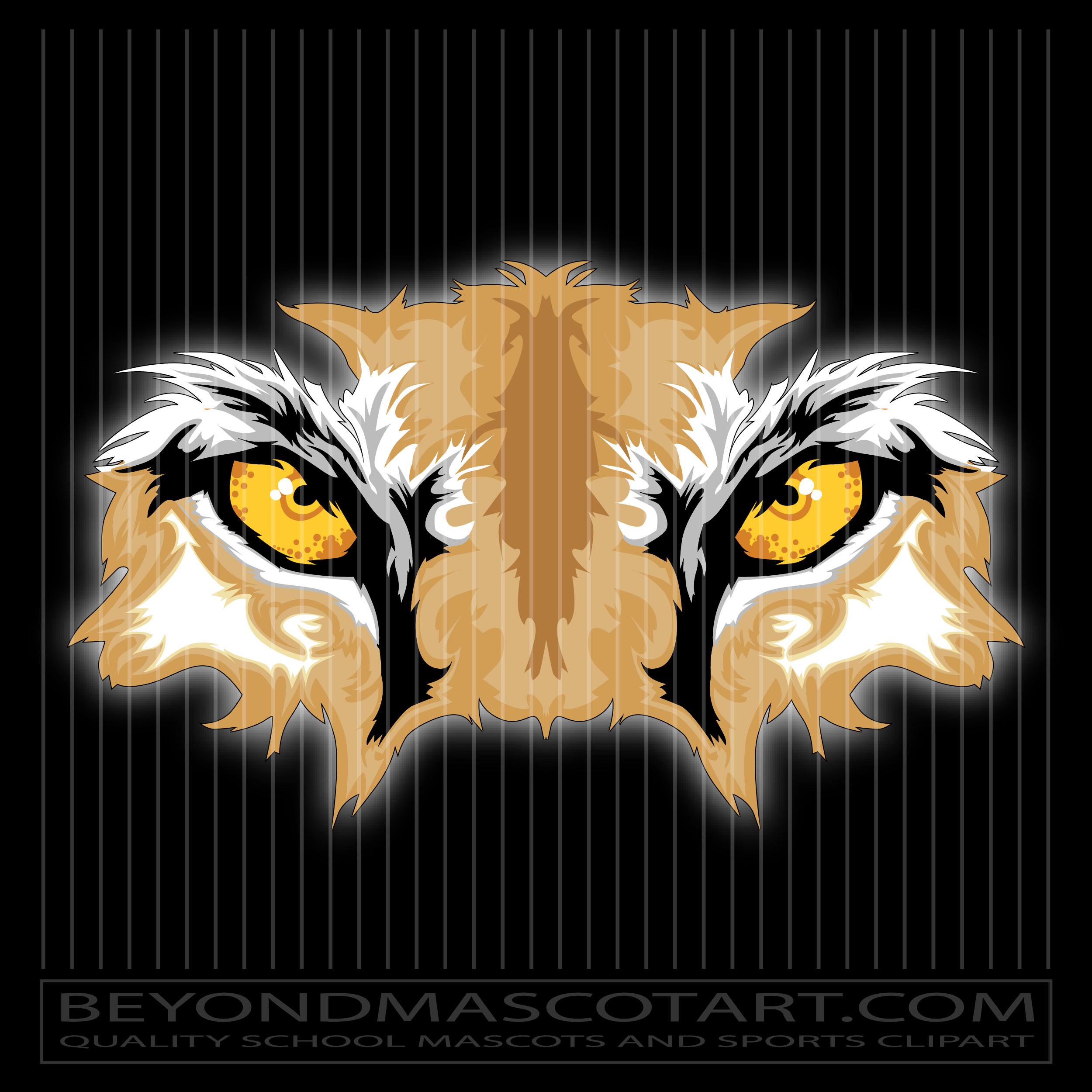 Fierce owl mascot eyes with glowing yellow irises, white and tan feathers, and a black striped background.