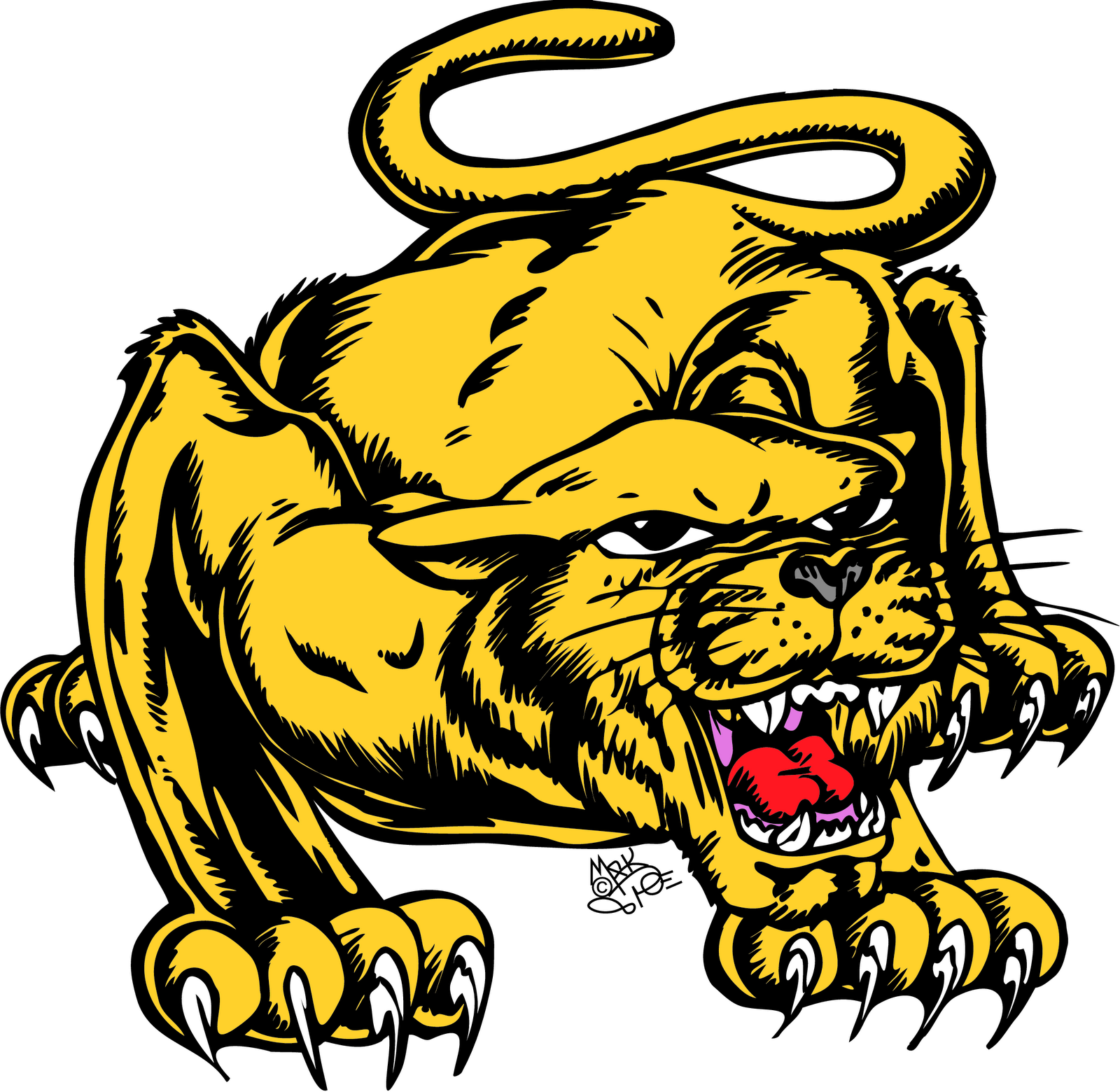 Fierce yellow cartoon panther in aggressive pouncing pose with bared fangs and sharp claws.