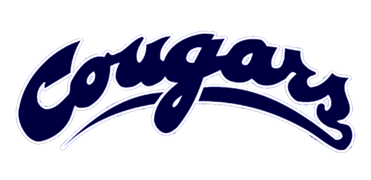 Navy blue "Cougar" script logo with white outline and swoosh underline.