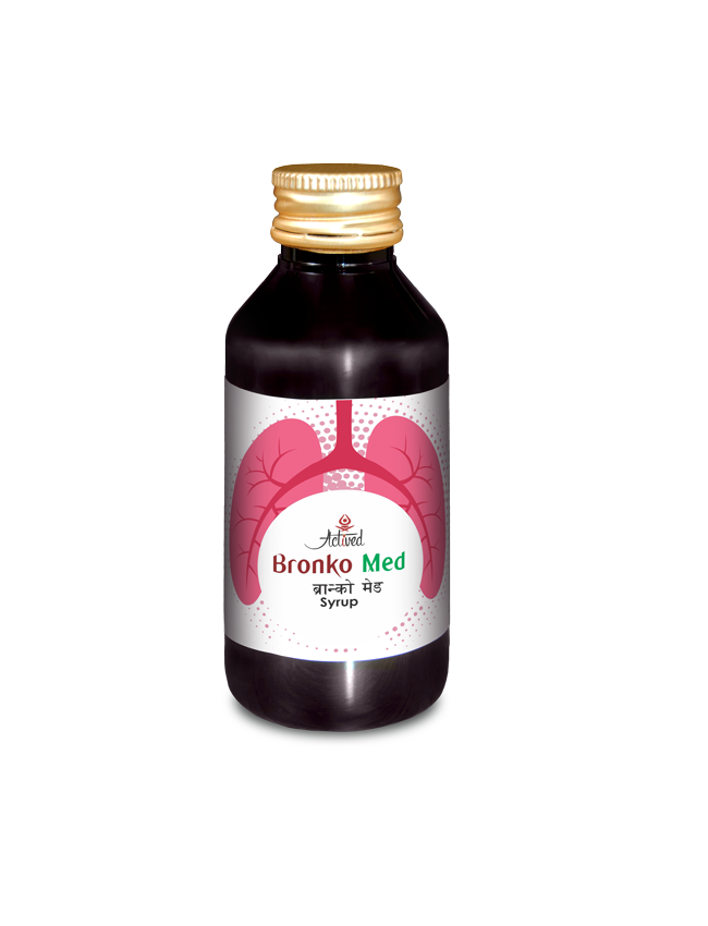 Bronko Med Syrup bottle with lung illustration, gold cap, and bilingual label (English & Nepali).