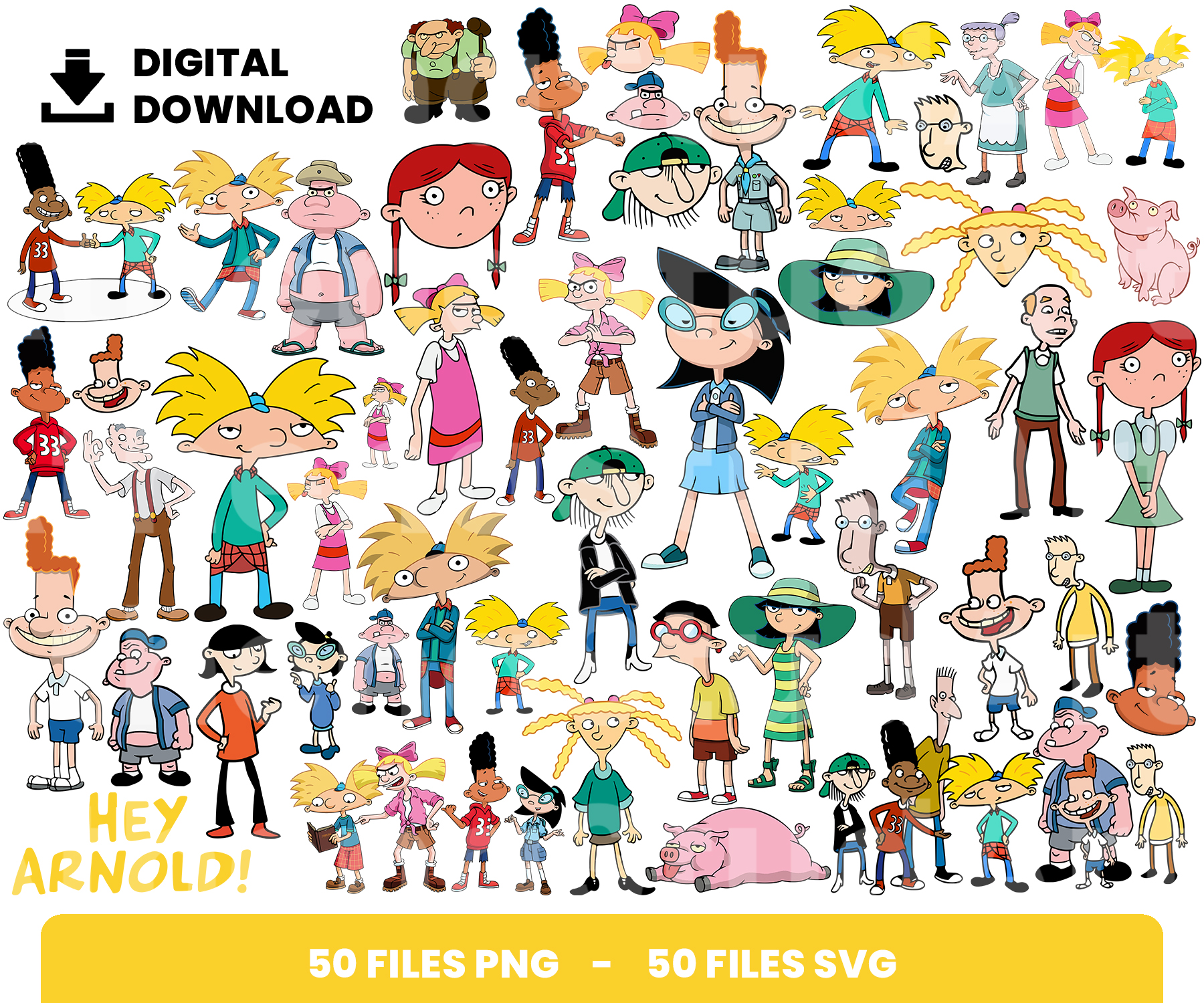 Digital download bundle of 100 Hey Arnold! character clipart files in PNG and SVG formats.