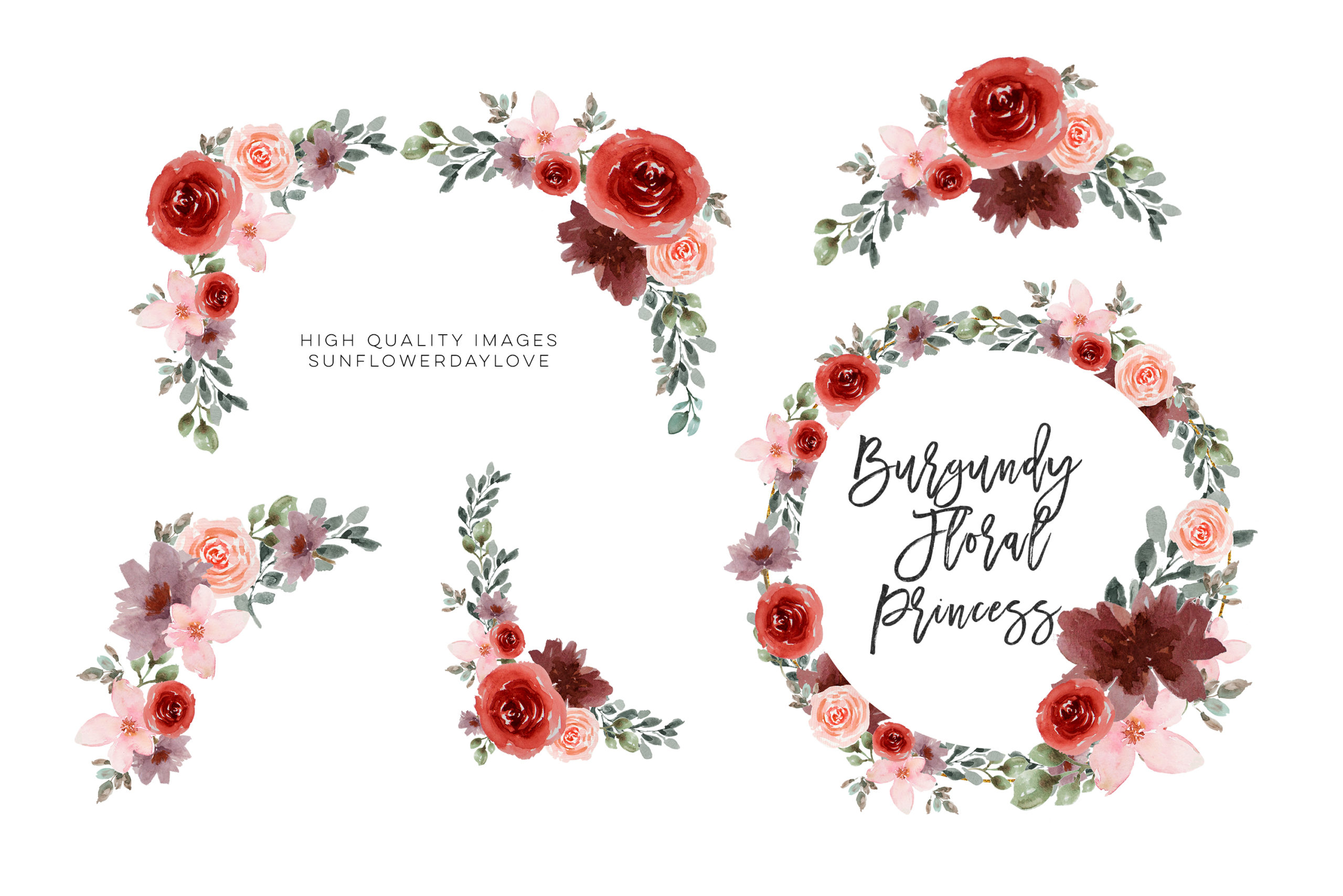 Watercolor burgundy, peach, and pink floral wreaths and corner arrangements with greenery, labeled "Burgundy Floral Princess".