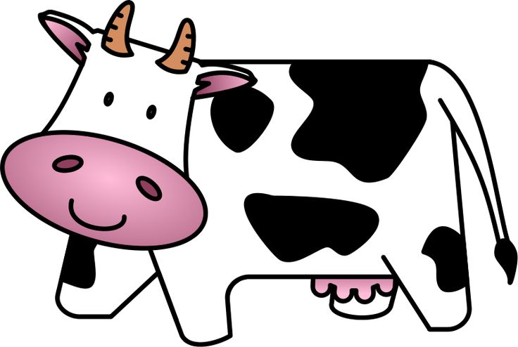 Friendly cartoon cow with black spots, pink nose, and horns walking toward viewer.