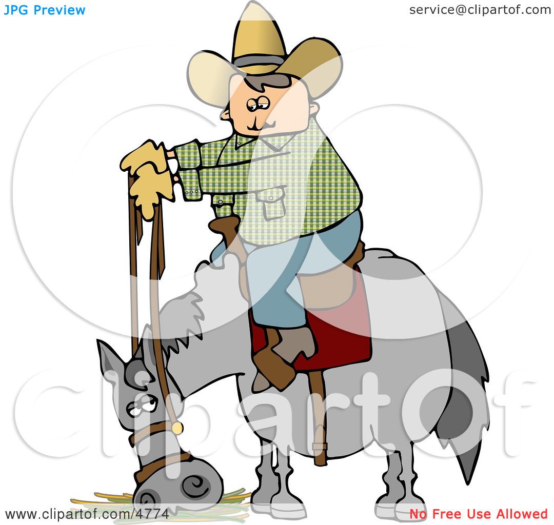 Cartoon cowboy in plaid shirt and hat riding a gray donkey while holding reins and a glove.