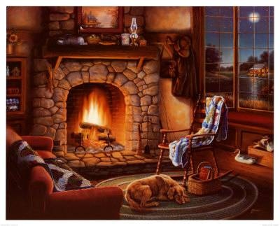 Warm Fireplace Scene - Rustic Cozy Living Room with Dog and Lake View