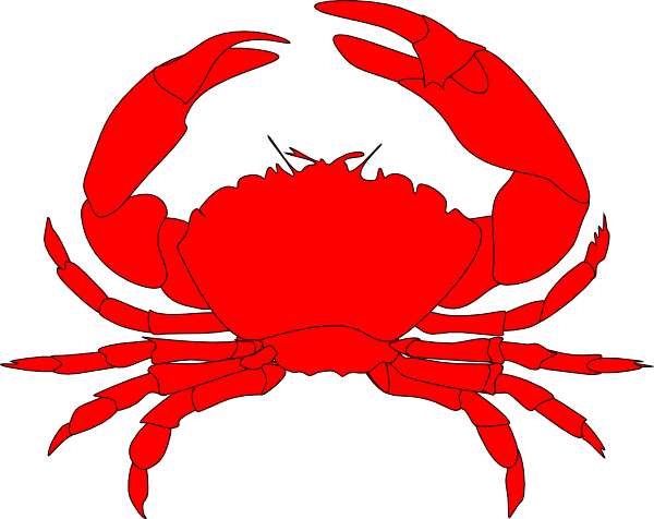 Red cartoon-style crab with prominent claws and eight legs, facing forward on white background.