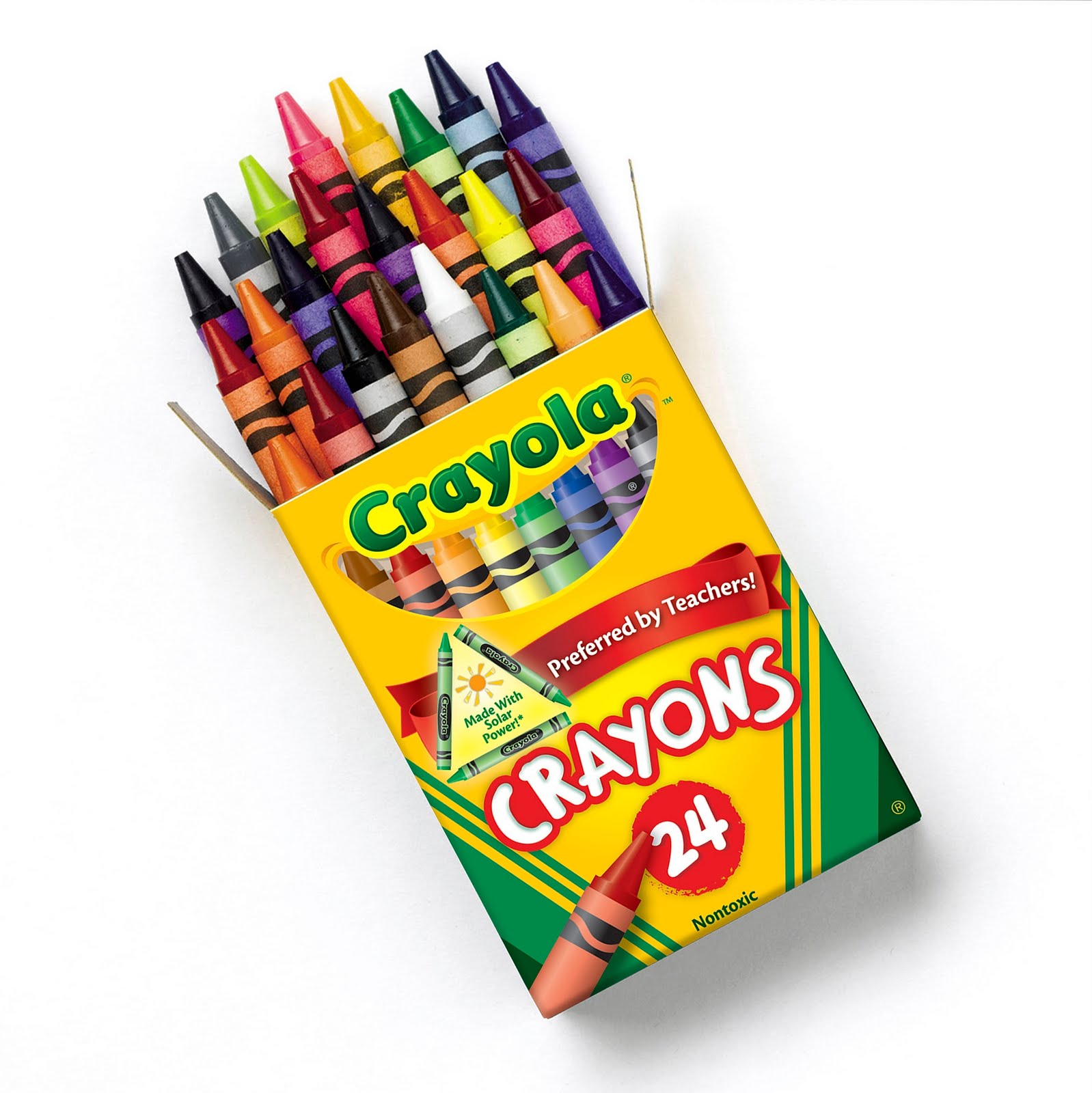 Crayola 24-count crayon box open, vibrant colors visible, yellow and green packaging with "Preferred by Teachers!" banner.
