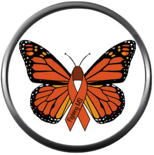 Orange monarch butterfly with orange awareness ribbon labeled "Fighting MS" centered in a circular frame.