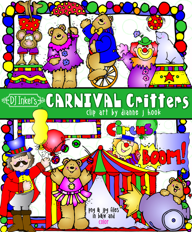 Colorful carnival-themed clip art featuring bears, clowns, monkeys, and circus props in vibrant outfits and settings.