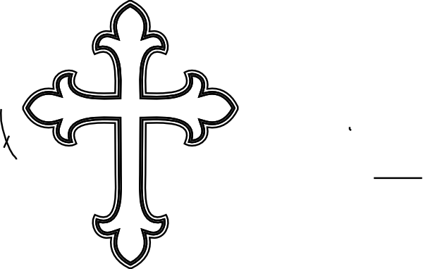 Ornate white fleur-de-lis style Christian cross on black background, symbolic of faith and religious heritage.