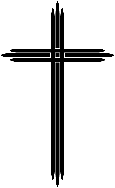 Stylized white outline of a Christian cross with ornamental flourishes on black background.
