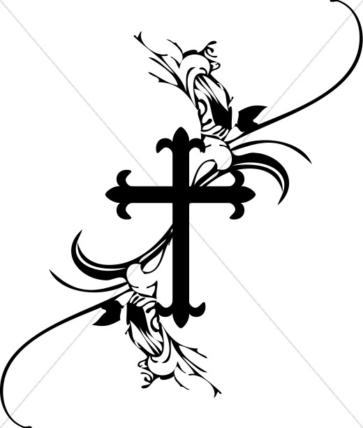 Ornate black-and-white Gothic-style cross with floral and scroll flourishes.