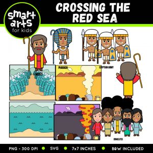 Educational clipart set illustrating the biblical story of Moses parting the Red Sea, with characters, scenes, and labels for kids.