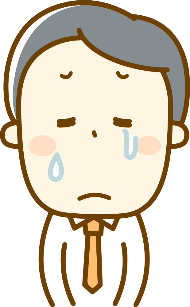 Sad cartoon man with gray hair, tears, and a tie, expressing emotional distress or burnout.
