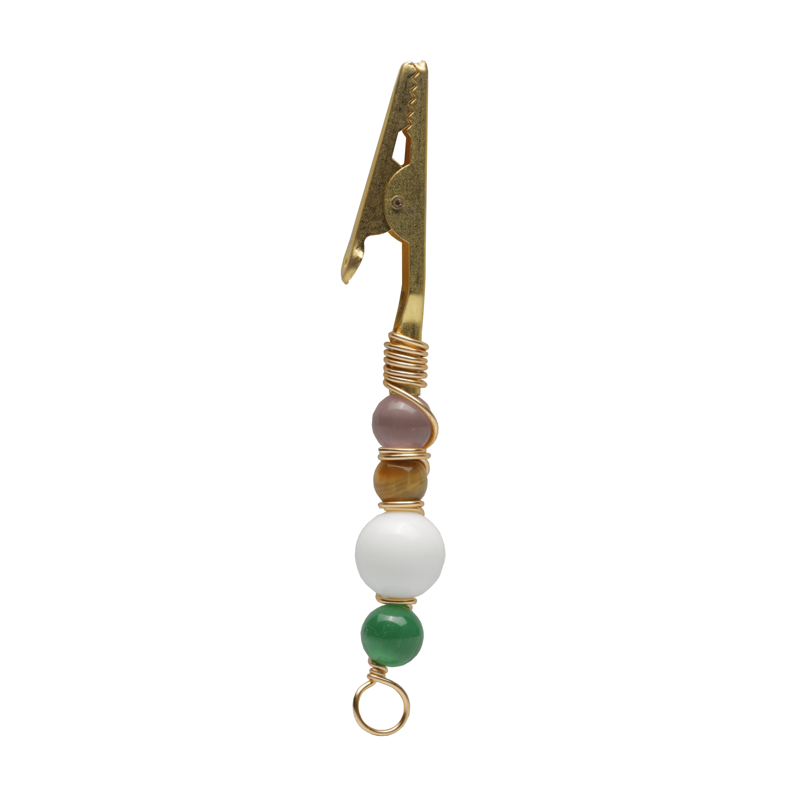 Gold-toned alligator clip adorned with four gemstone beads-lavender, amber, white, green-and a wire-wrapped design ending in a loop.