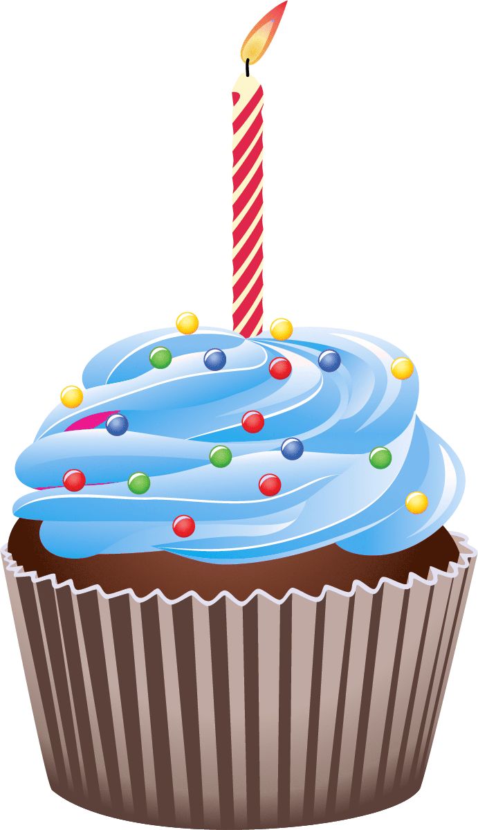 Chocolate cupcake with blue frosting, colorful sprinkles, and a single lit red-and-white striped birthday candle.