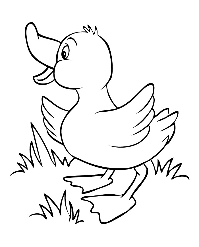 Cute cartoon duckling standing in grass with open beak, ready to quack.