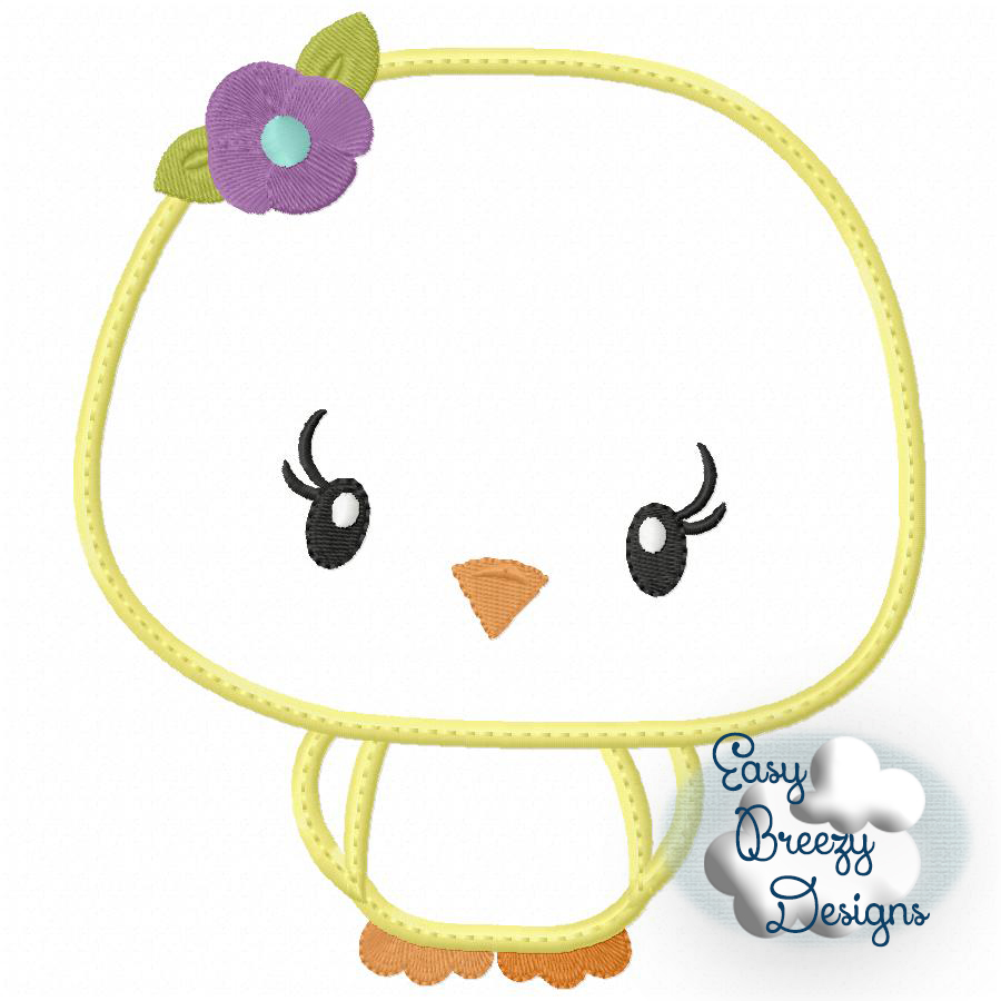 Cute embroidered chick with purple flower headband, yellow outline, and orange beak and feet.