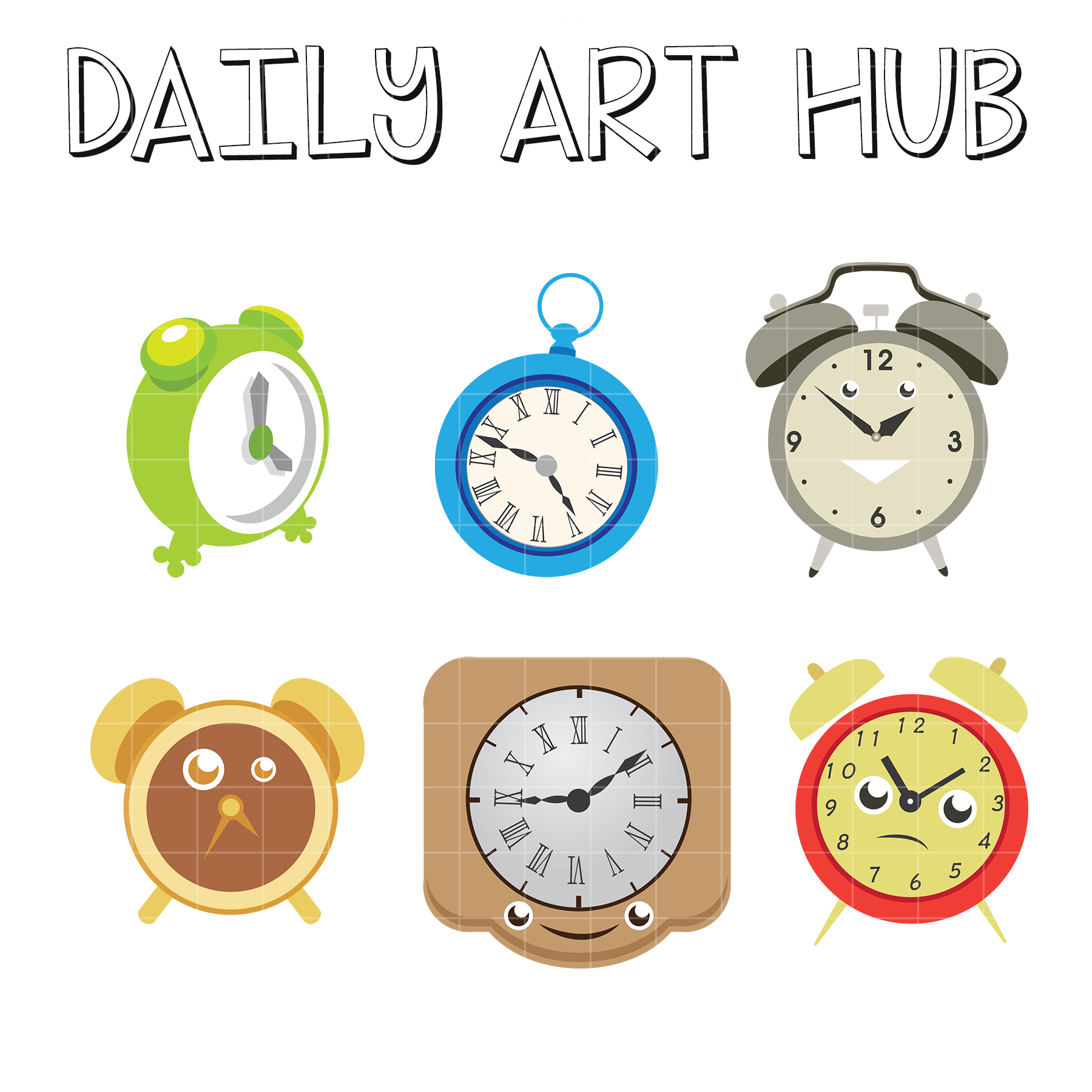 Six colorful cartoon-style clocks including alarm clocks, a pocket watch, and wall clocks with expressive faces.