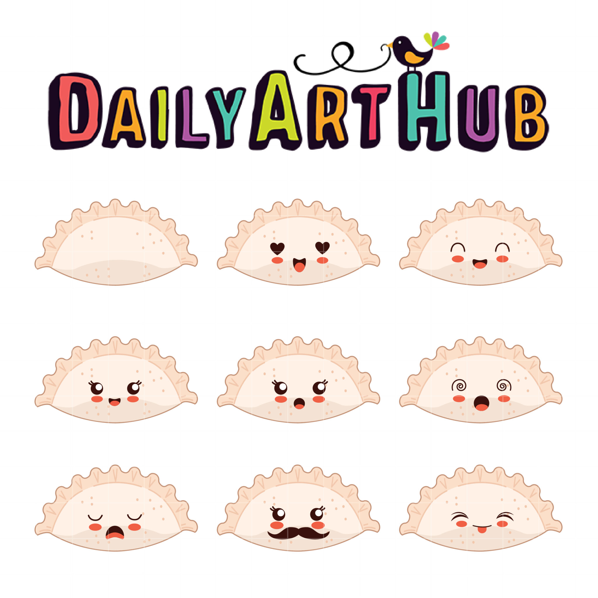 Cute illustrated dumplings with various kawaii facial expressions under the DailyArtHub logo with a bird perched on the text.