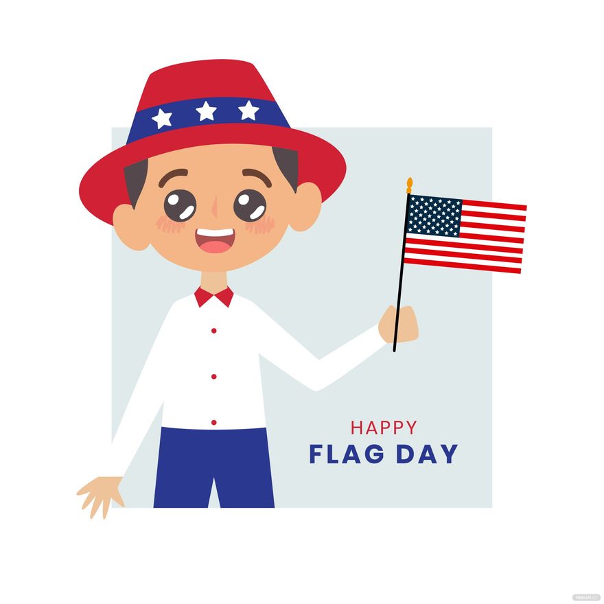 Smiling boy in patriotic hat holding US flag with "Happy Flag Day" text.