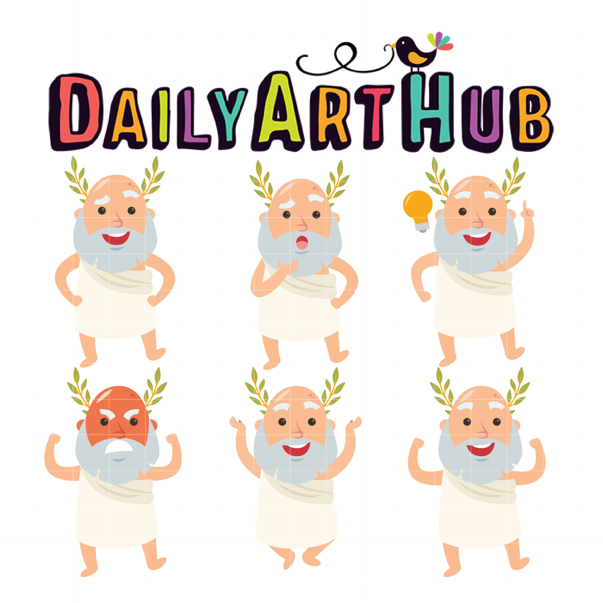 Six cartoon depictions of a smiling, bearded ancient philosopher with laurel wreath in various expressive poses under "DailyArtHub" logo.
