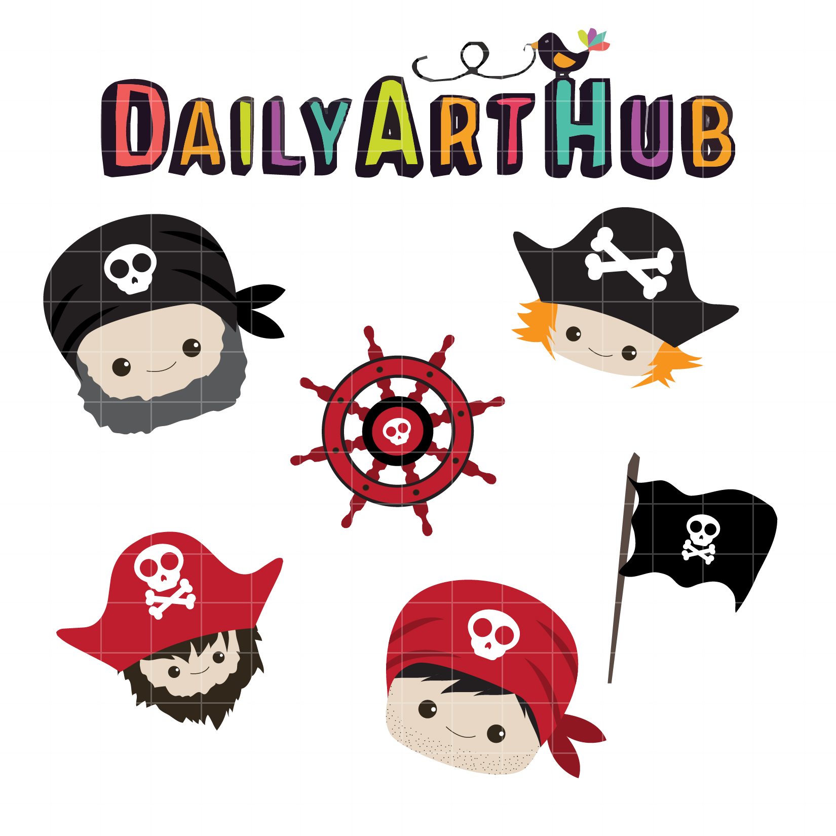 Cute cartoon pirate characters, ship wheel, and Jolly Roger flag by DailyArtHub.
