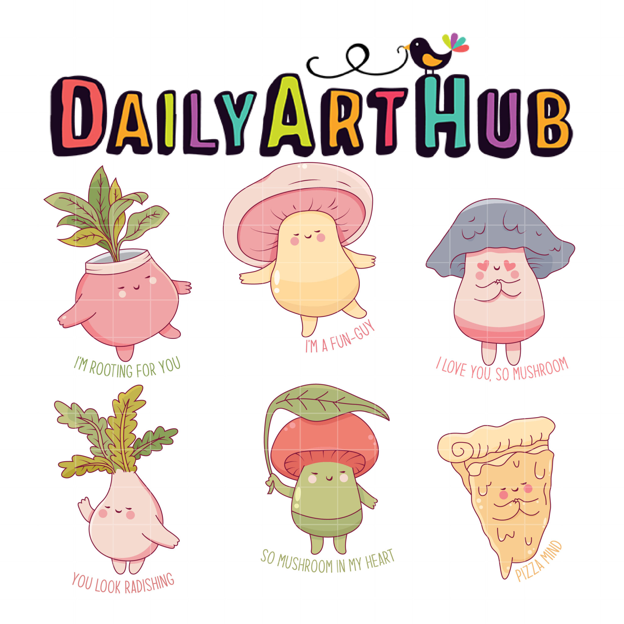 Daily Art Hub - Whimsical Food & Plant Illustrations with Punny Captions