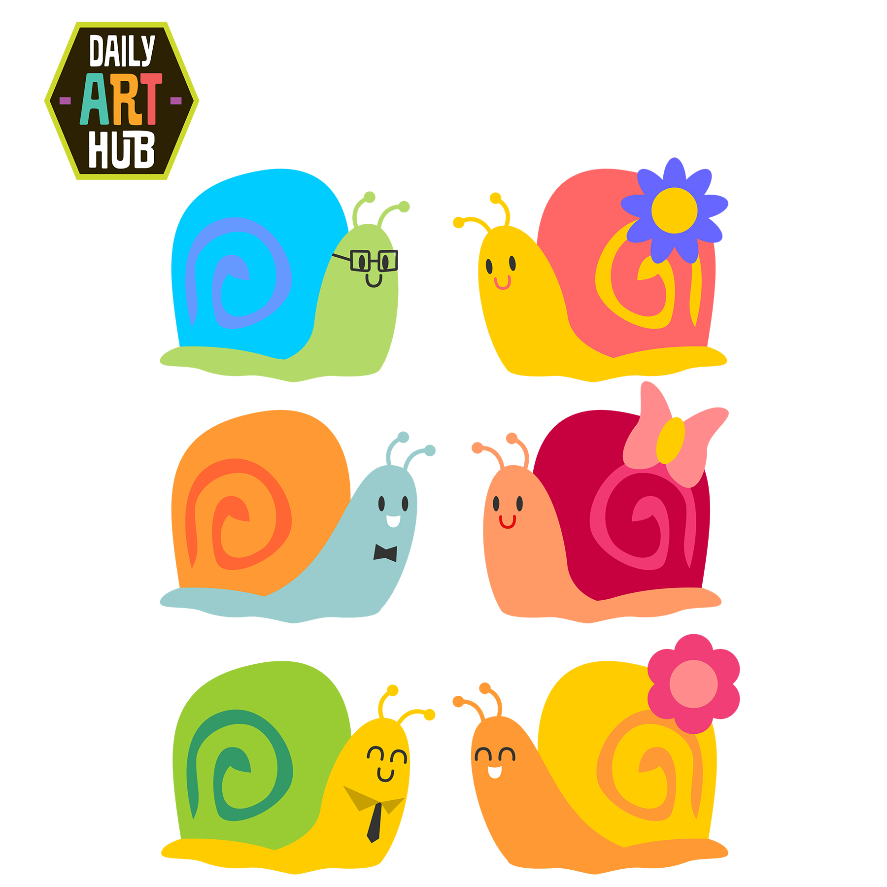Six colorful cartoon snails with accessories like glasses, flowers, and bowties, arranged in a grid; logo "Daily Art Hub" in top left.