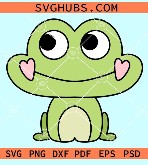 Cute green cartoon frog with big eyes and pink heart-shaped cheeks, smiling cheerfully.
