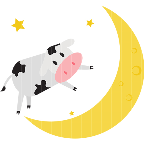 Cute Cow Flying with Moon and Stars - Whimsical Illustration