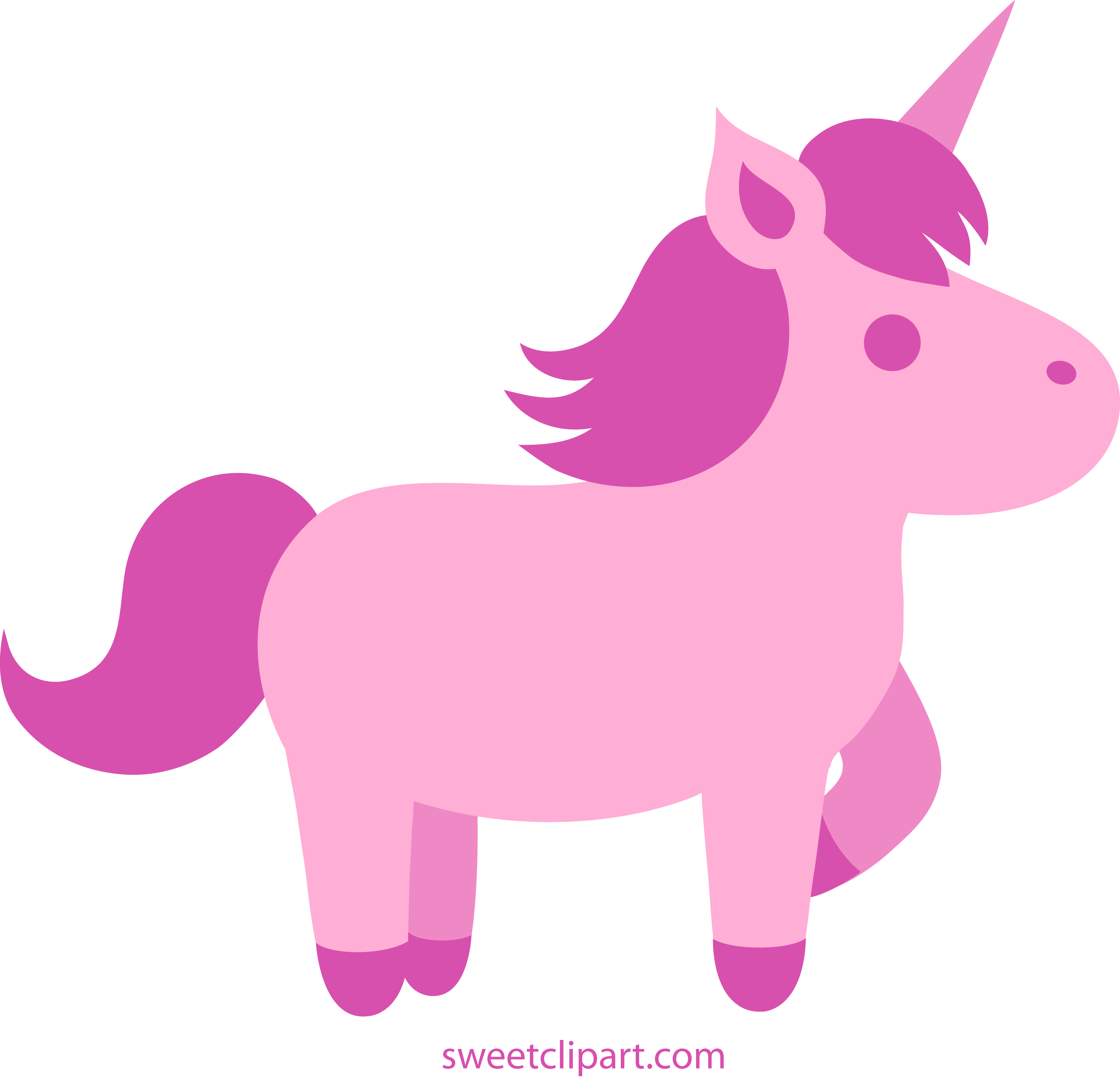 Stylized pink unicorn with magenta mane, tail, and hooves, facing right in flat vector design.