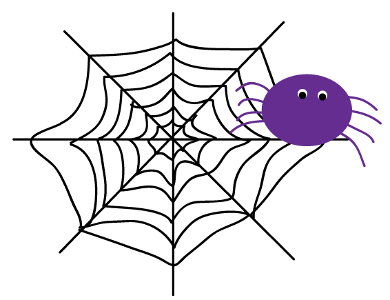 A friendly purple cartoon spider with large white eyes and eight legs, set against a transparent background.