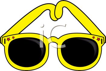 Bright yellow cartoon sunglasses with star accents and black lenses, forming a heart shape with the arms.
