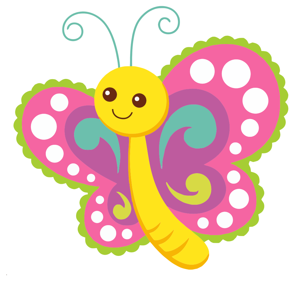 Cheerful cartoon butterfly with pink polka-dot wings, yellow body, and green antennae on black background.