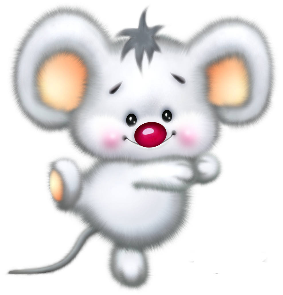 Cute cartoon white mouse with big ears, red nose, and cheerful expression, mid-jump.