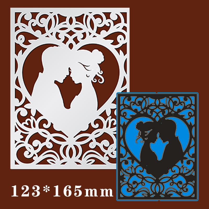 Two ornate laser-cut panels featuring romantic couple silhouettes within heart frames-white/brown and blue/black versions, 123×165 mm.