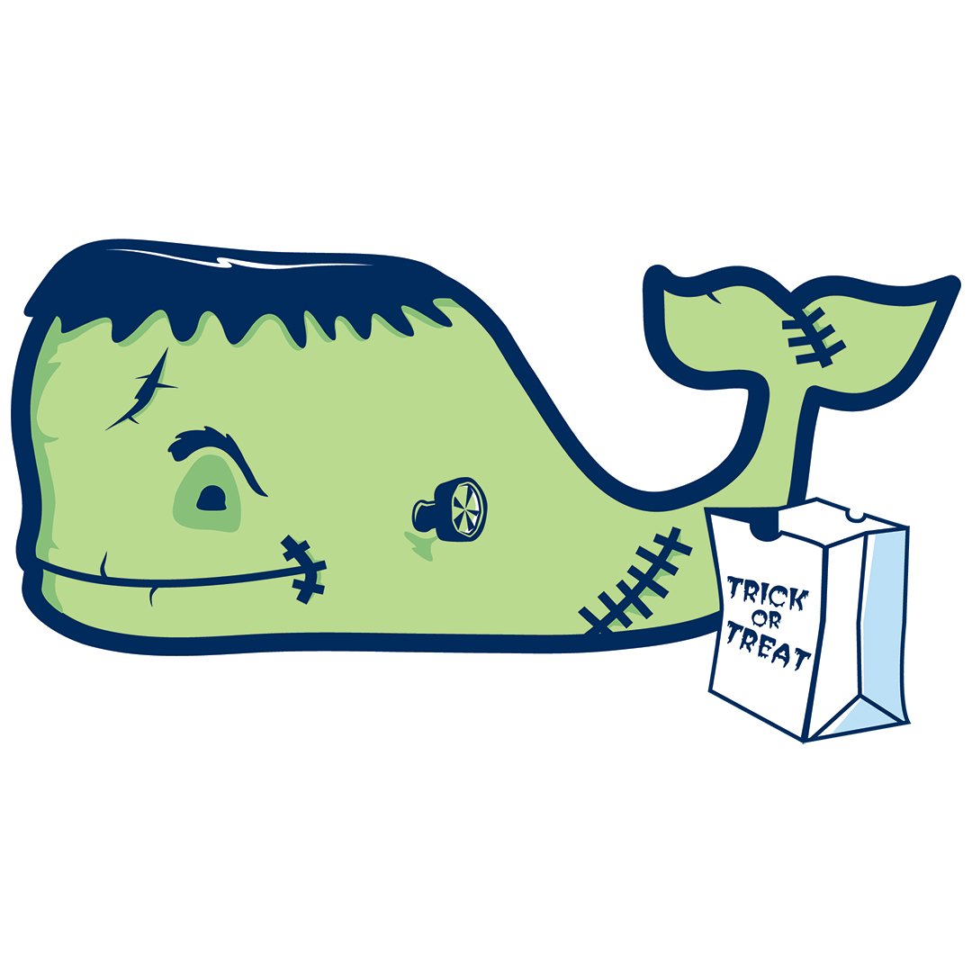 A green Frankenstein-style whale with stitches, bolts, and a "Trick or Treat" bag beside it.