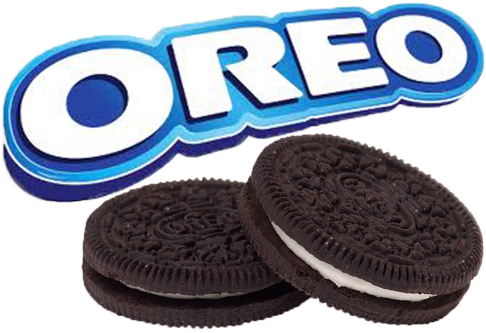 Oreo logo with three classic chocolate sandwich cookies featuring white cream filling.