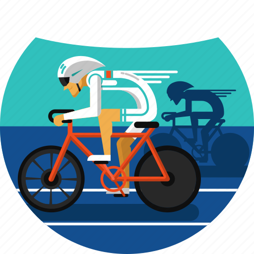 Cyclist in aerodynamic gear racing on a red bike with motion blur and shadowed competitor behind.