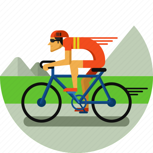 Cyclist in orange jersey racing on blue bike with speed lines, mountains and green landscape in background.