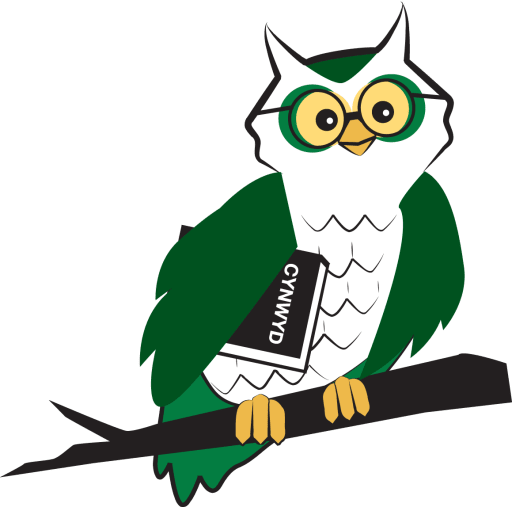 A green-and-white cartoon owl wearing glasses, perched on a branch while holding a book titled "CYNNWYD".