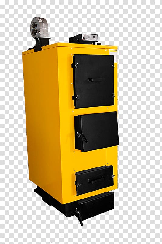 Yellow industrial biomass boiler with three black access doors, top-mounted fan and control panel.