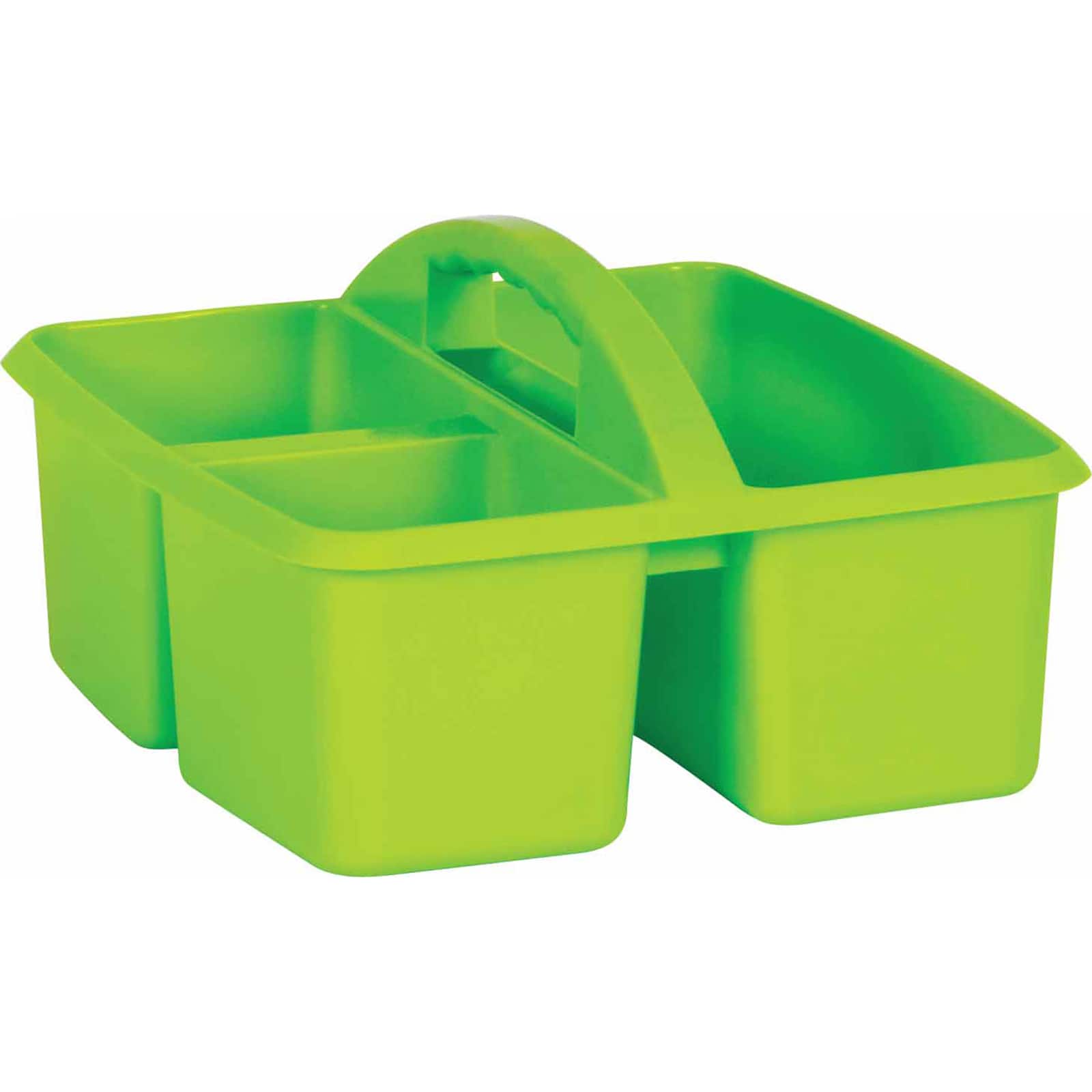 Bright green plastic caddy with four compartments and a central handle for organizing tools or supplies.