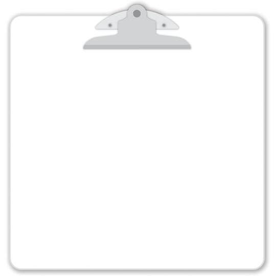 A clean white clipboard with a gray metal clip at the top, holding a blank sheet of paper.