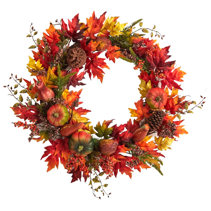 Autumn wreath with maple leaves, pumpkins, pinecones, and berries in warm fall colors.