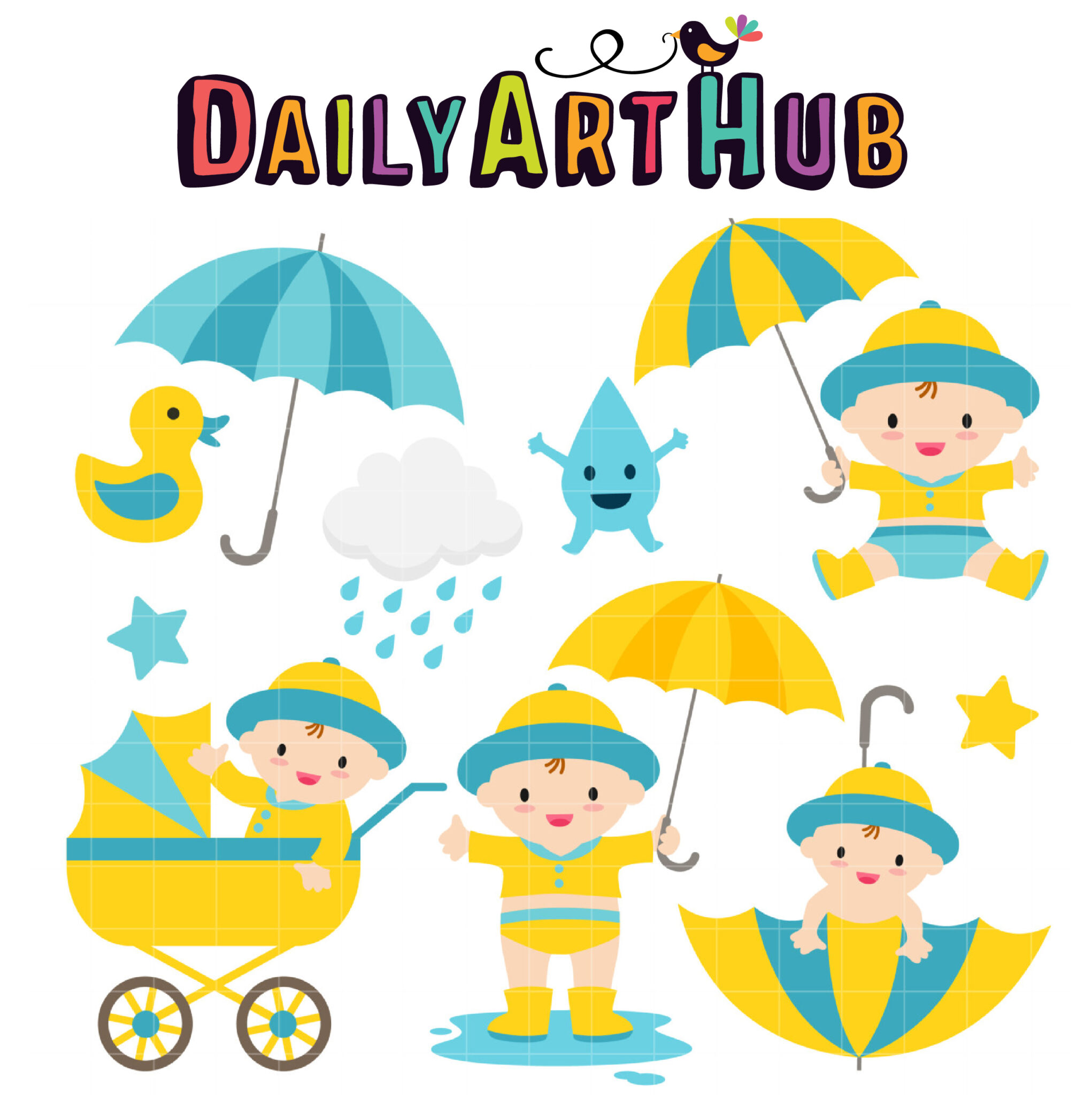 Cheerful baby rain theme clipart set with umbrellas, duck, cloud, and smiling infants in yellow rain gear.